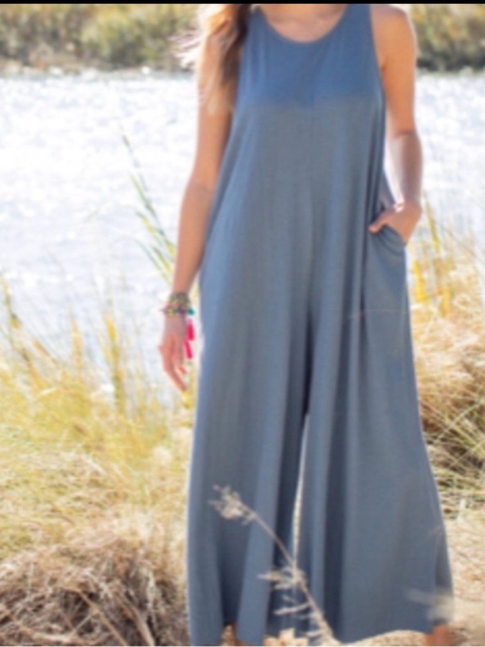 Natural Life Blue Linen Blend Wide Leg Boho Jumpsuit L/XL